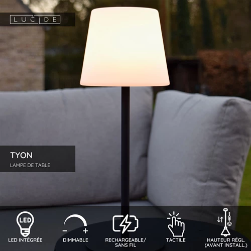 Lucide TYON - Lampe de table Rechargeable Intérieur/Extérieur - Batterie/Piles - LED Dim. - 1x2W 2700K - IP65 - Noir - USP